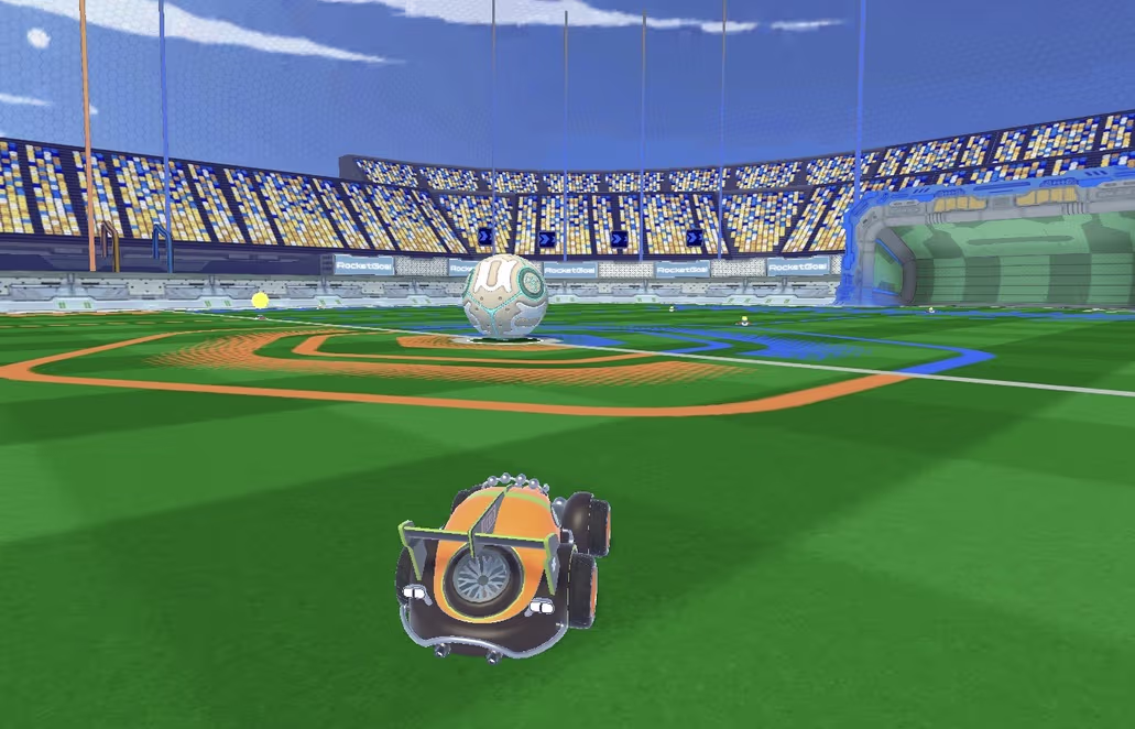 Rocket Goal gameplay Rocket Goal 3D rocket powered car soccer arena match kickoff and goal strike