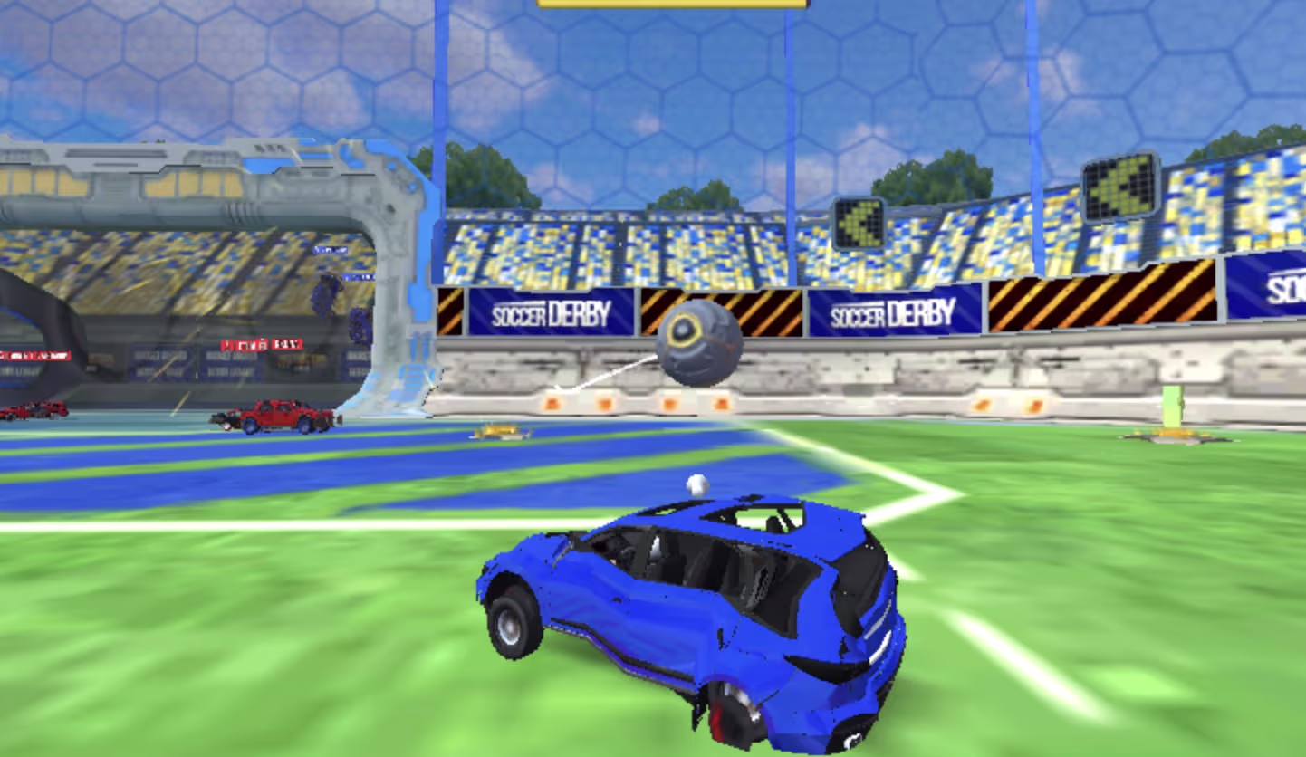 Rocket Soccer Derby online game Rocket Soccer Derby online game featuring rocket cars and giant soccer ball in enclosed 3D arena