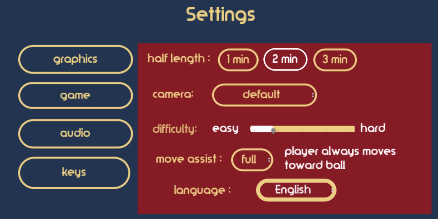 Fine-tune match length, difficulty, move assist, and camera perspectives in the Settings menu